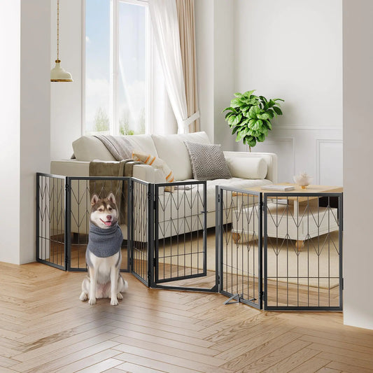 MAHANCRIS Dog Gate Indoor 6 Panels Freestanding Pet Gate with Door Walk Through 94.4 Inch Folding Dog Fences for Stairs Doorway Pet Puppy Safety Fence with Support Feet Black DGHB26901