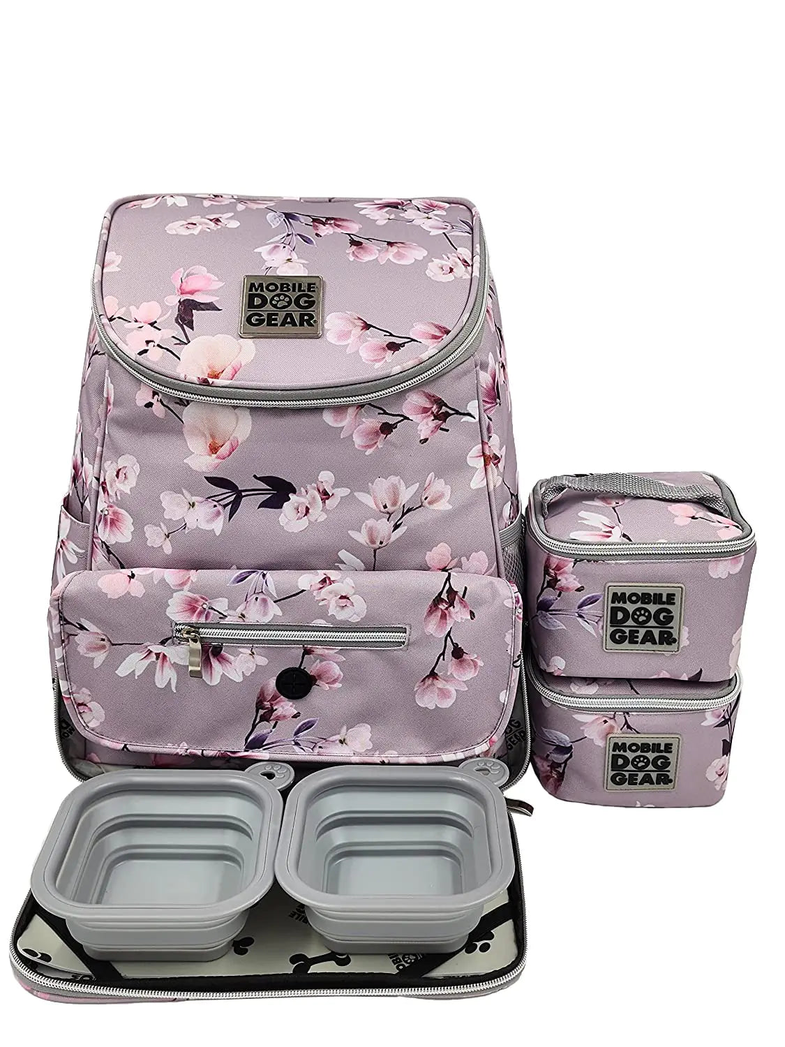 Mobile Dog Gear Week Away Dog Travel Bag Backpack (13"x7"x16" Floral) - Includes 2 Pet Food Storage Containers + 2 Collapsible Dog Water Bowls - Airline Approved Travel Accessories Great for Trips