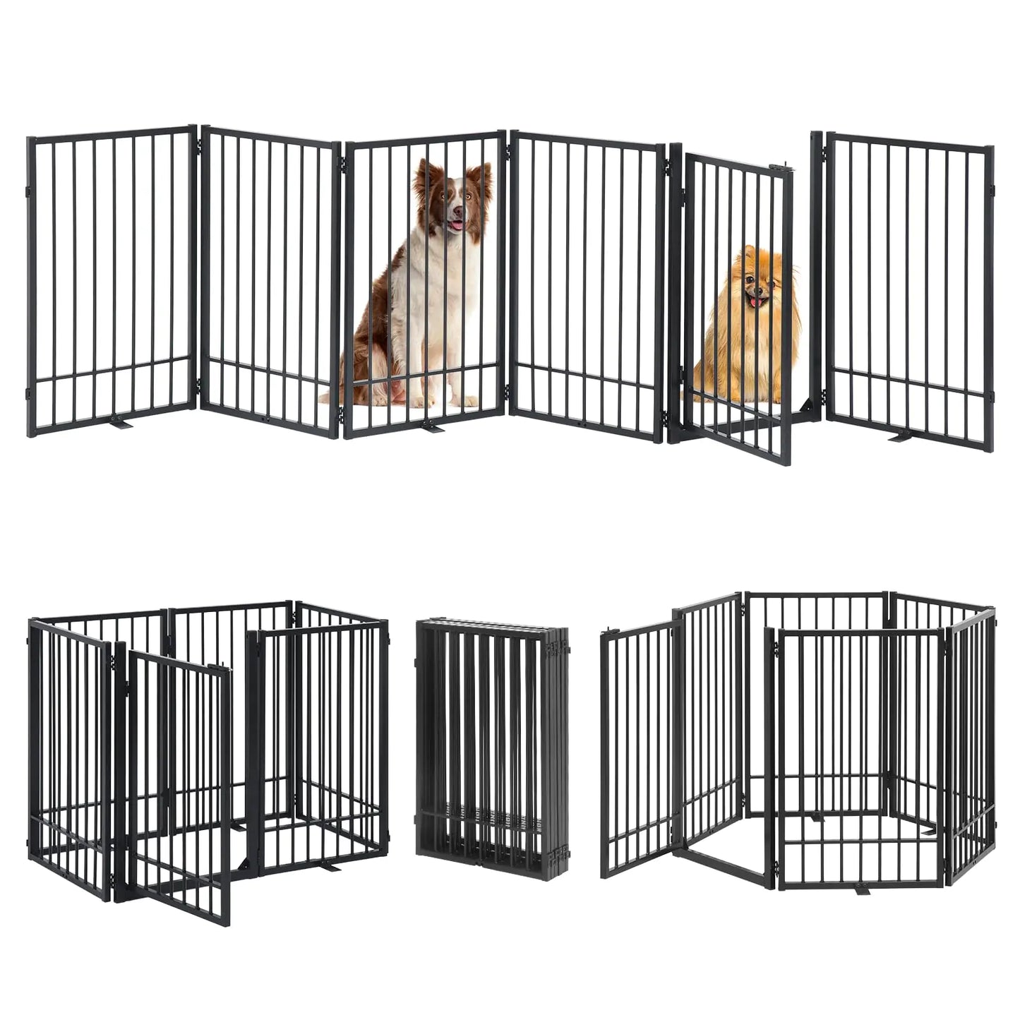 HIDOG Freestanding Dog Gate with Door 121"W x 31"H Pet Gate Indoor Metal Dog Fence Folding Dog Gate with 3PCS Feet No-Assembly Freestanding Pet Barrier for Stairs Doorways Halls Kitchen Black