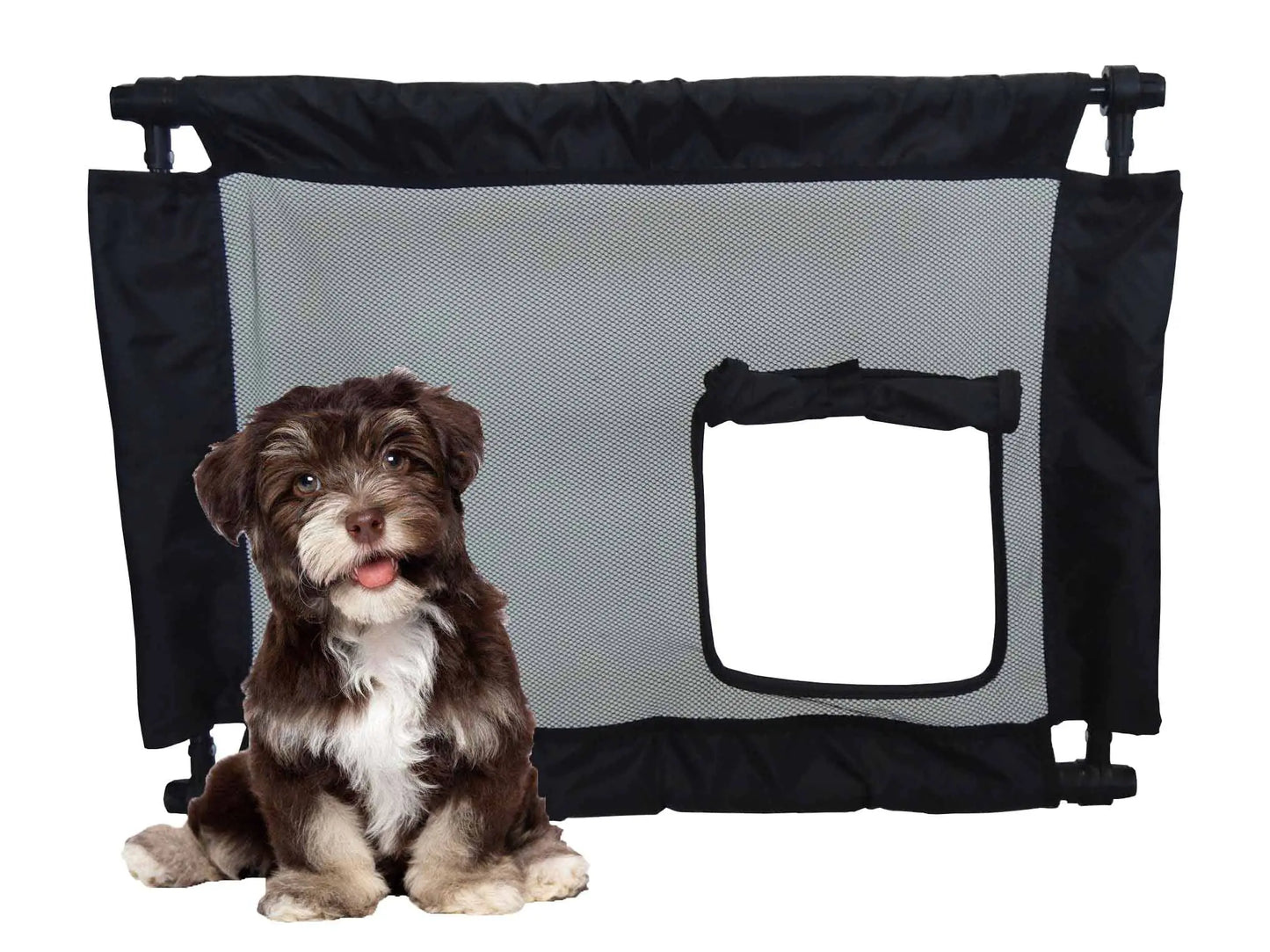 Pet Life Porta-Gate Portable Travel Pet Gate with Adjustible Length - Collapsible Folding Cat and Dog Gate with Built-in Zippered Pet Door