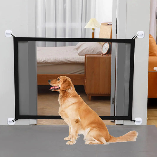 Dog Gates for House Portable Folding Pet Gates Magic Indoor Mesh Doggy Door for Stairs and Doorways 29.52 X 43.3 8 Sticky Hooks 2 Stainless Steel Poles