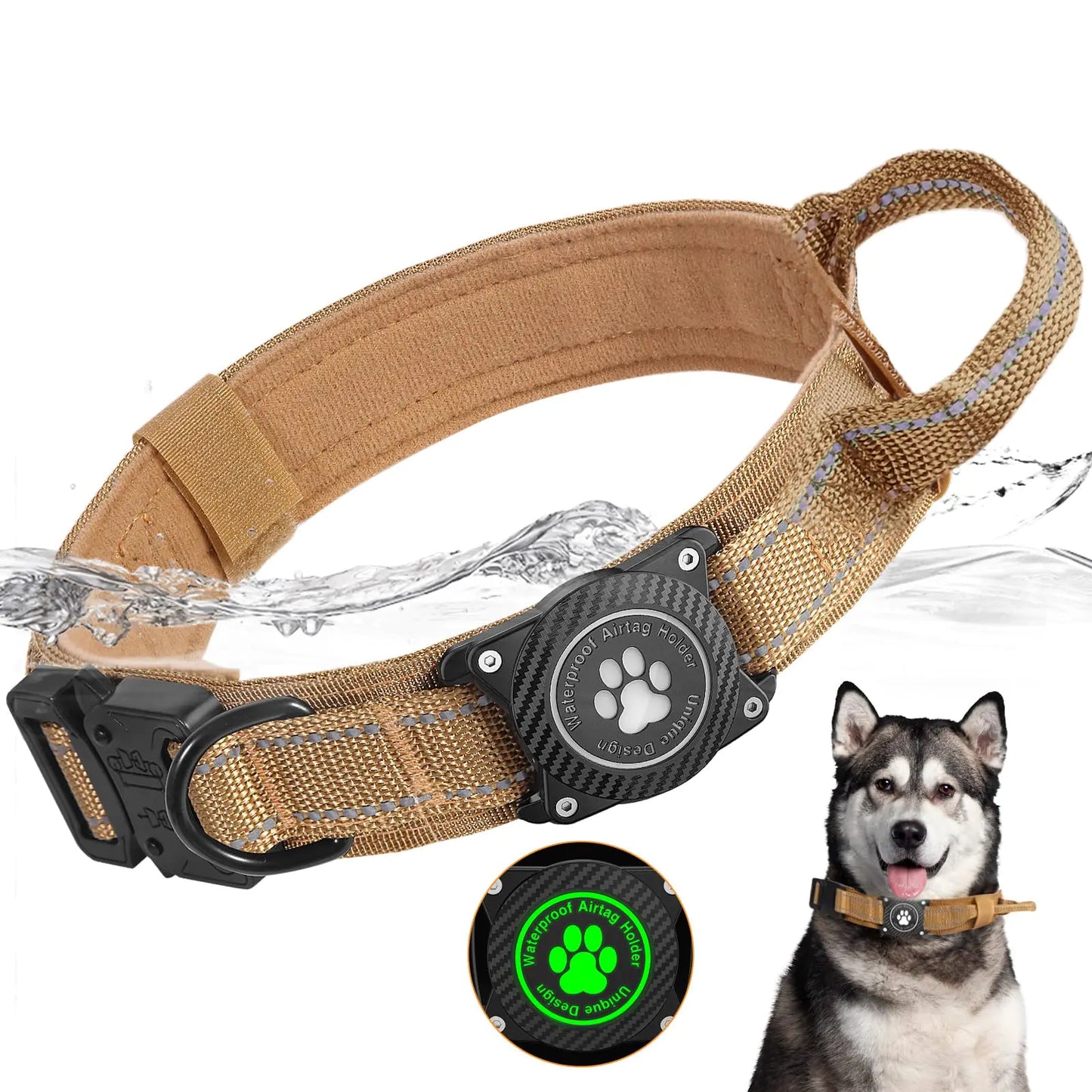 OKVSKO Tactical AirTag Dog Collar 100% Waterproof Adjustable Military Training Nylon Dog Collar with Apple Air Tag Holder Heavy Duty Medium Large Dog Collar with AirTag CaseKhaki S