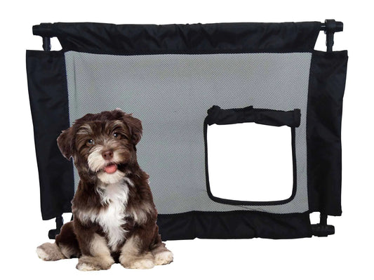 Pet Life Porta-Gate Portable Travel Pet Gate with Adjustible Length - Collapsible Folding Cat and Dog Gate with Built-in Zippered Pet Door