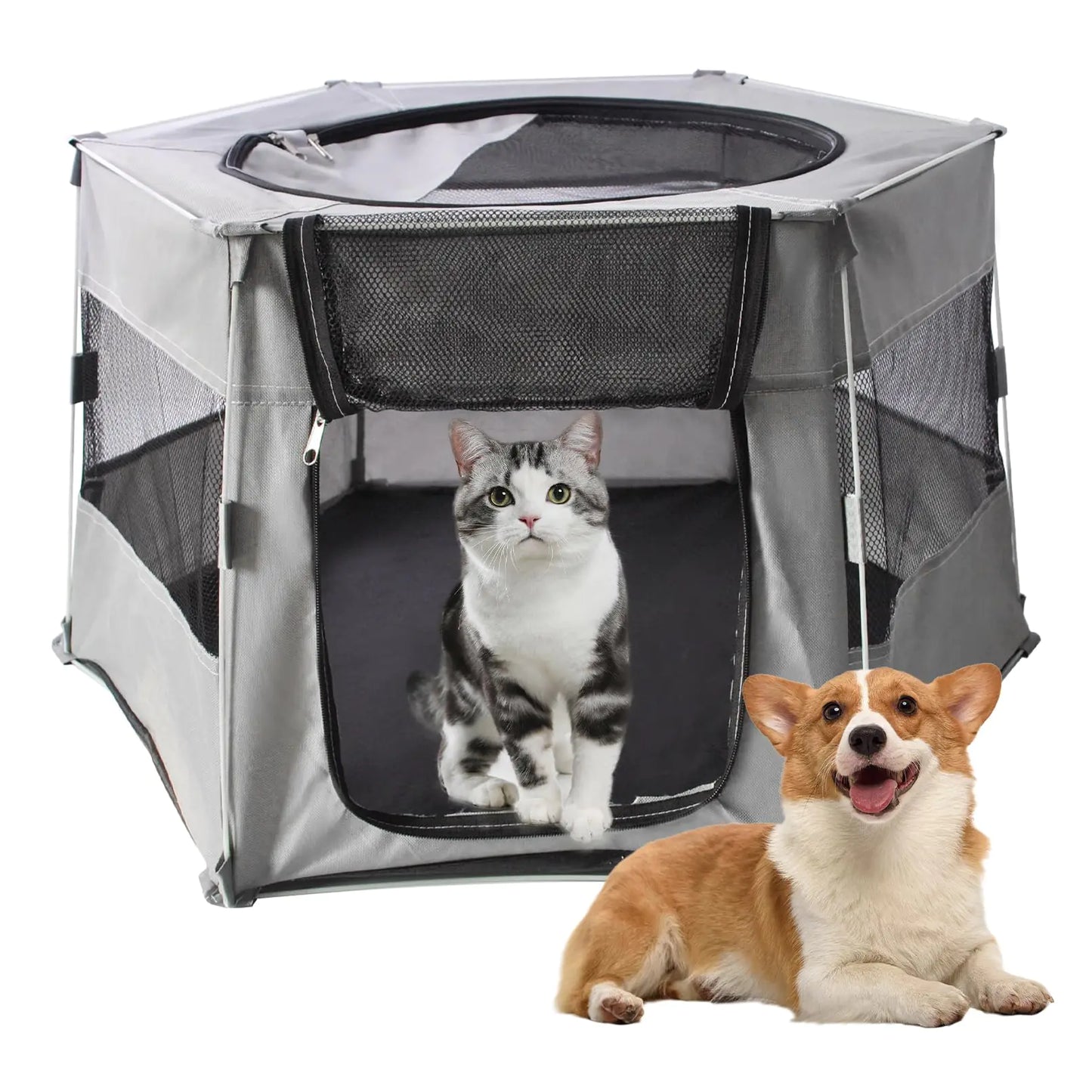 MUYG Portable Dog Cat PlaypenFoldable Waterproof Pet Playpens Indoor Puppy Exercise Pen with Removable Shade Cover Collapsible Dog Kennel Tent Crate Outdoor Travel Camping Use(SmallGray)