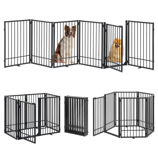 HIDOG Freestanding Dog Gate with Door 121"W x 31"H Pet Gate Indoor Metal Dog Fence Folding Dog Gate with 3PCS Feet No-Assembly Freestanding Pet Barrier for Stairs Doorways Halls Kitchen Black