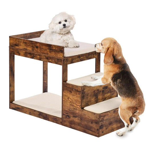 VEVOR Pet Bunk Bed with Stairs Dog/Cat Window Perch for High Beds and Couches Medium Multi-Level 3 Step Dog Seat Platform Sleeper Couch Practical for Modern Homes (Rustic Brown)