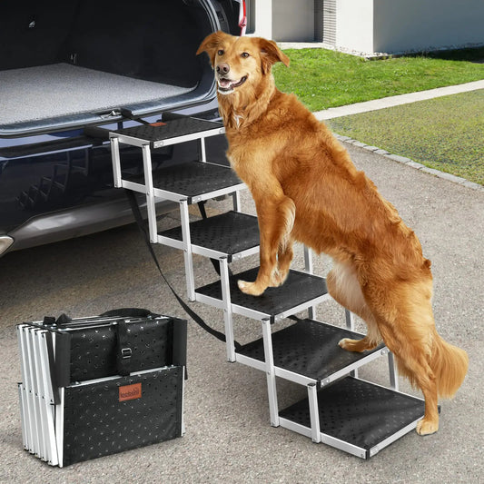 Dog Car Ramp for Large Dogs LOOBANI Lightweight Dog Stairs Support up to 200lbs Folding Dog Ramp with Increased Nonslip Surface Pet Ramp Help Your Senior Dog Easy Get In & Out of SUV Truck 6 Steps